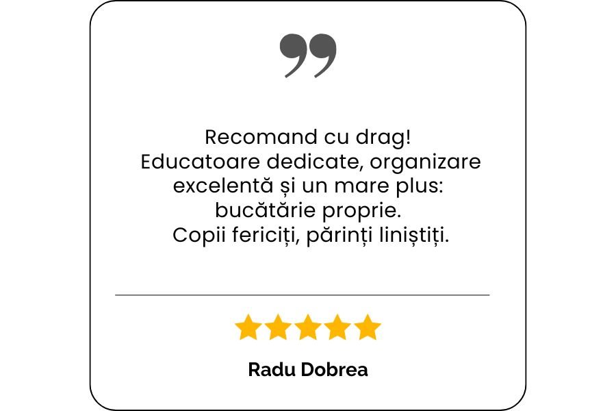 Copilul a fost plăcut surprins și vine cu drag la grădiniță. Un mediu cald, cu activități frumoase și personal implicat. Mulțumim pentru această oportunitate! (1)