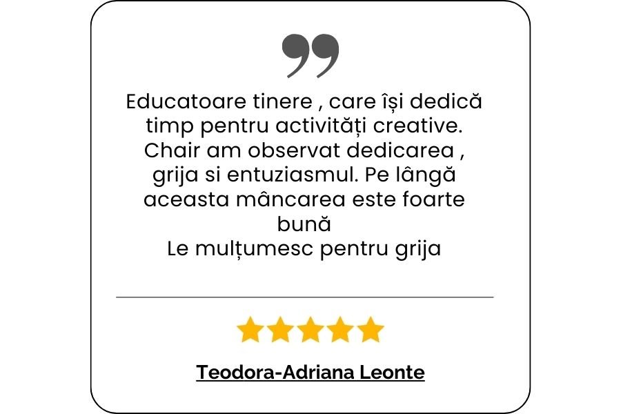 Copilul a fost plăcut surprins și vine cu drag la grădiniță. Un mediu cald, cu activități frumoase și personal implicat. Mulțumim pentru această oportunitate!